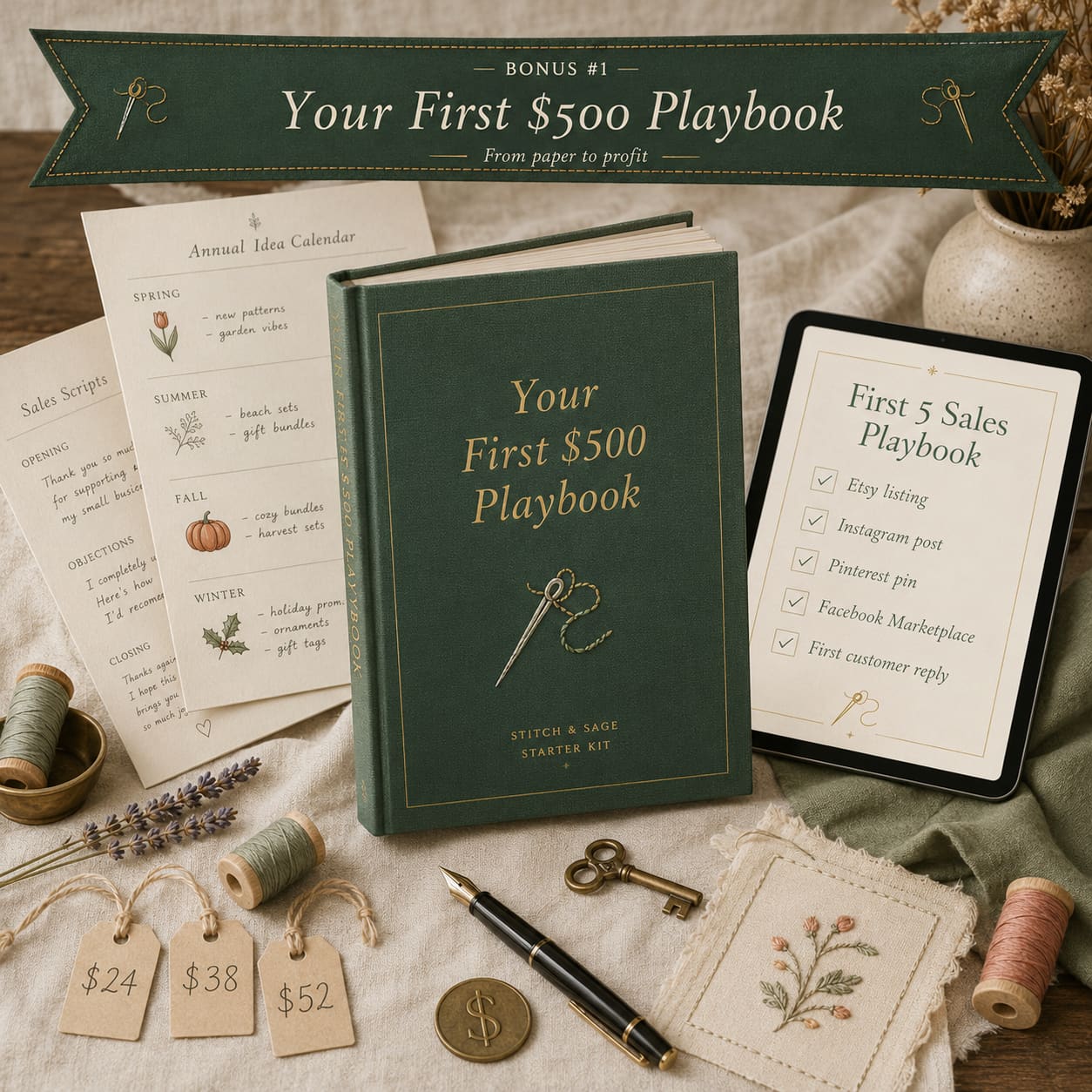 Your First $500 Playbook: sales scripts, annual idea calendar, first 5 sales checklist