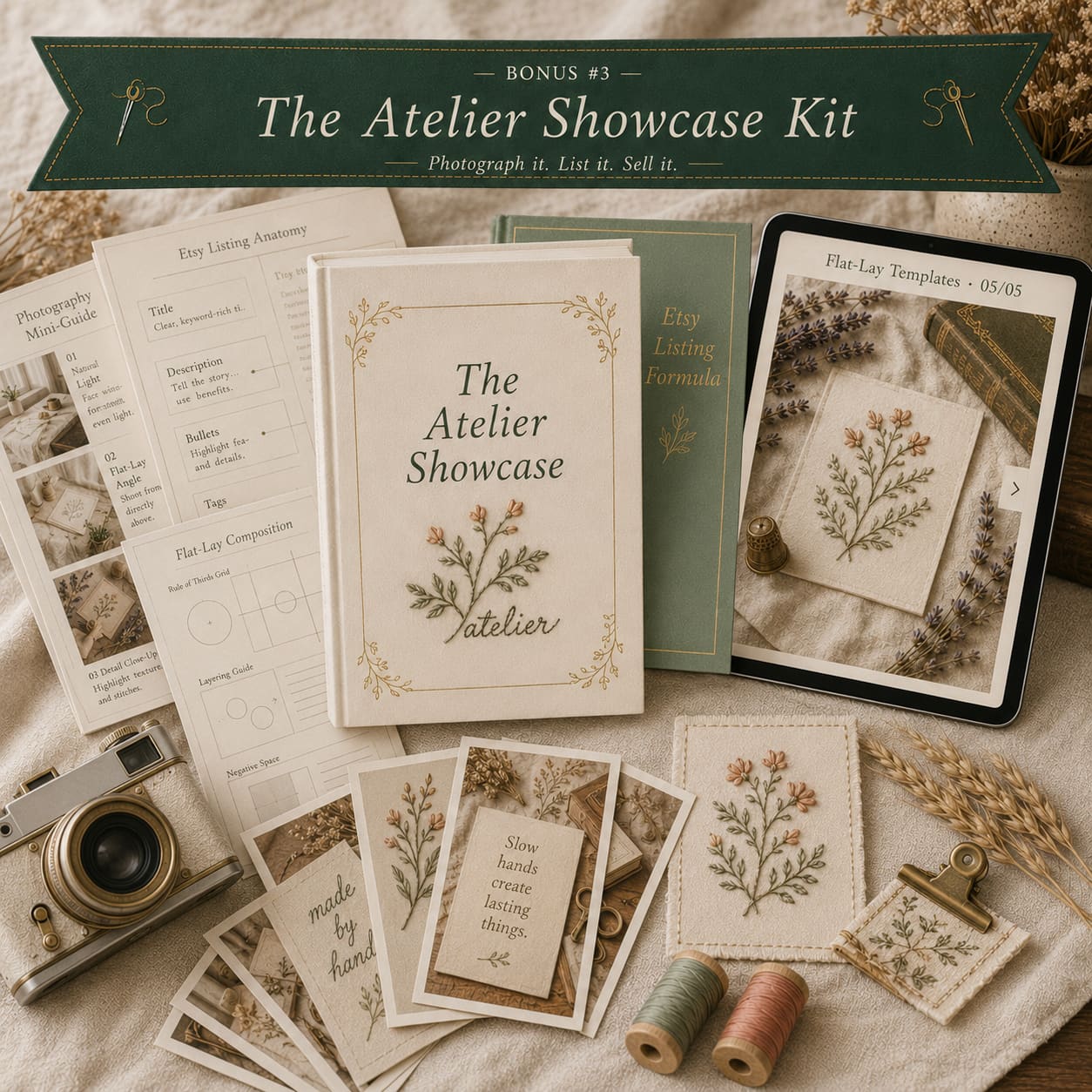 The Atelier Showcase Kit: photography mini-guide, flat-lay templates and Etsy listing formula