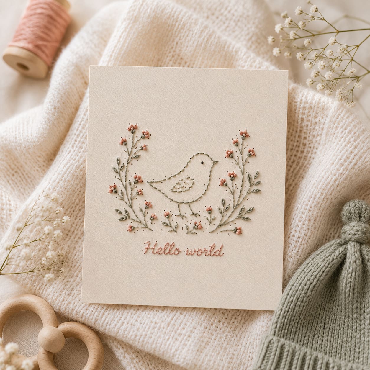 Baby announcement card with embroidered bird and Hello world