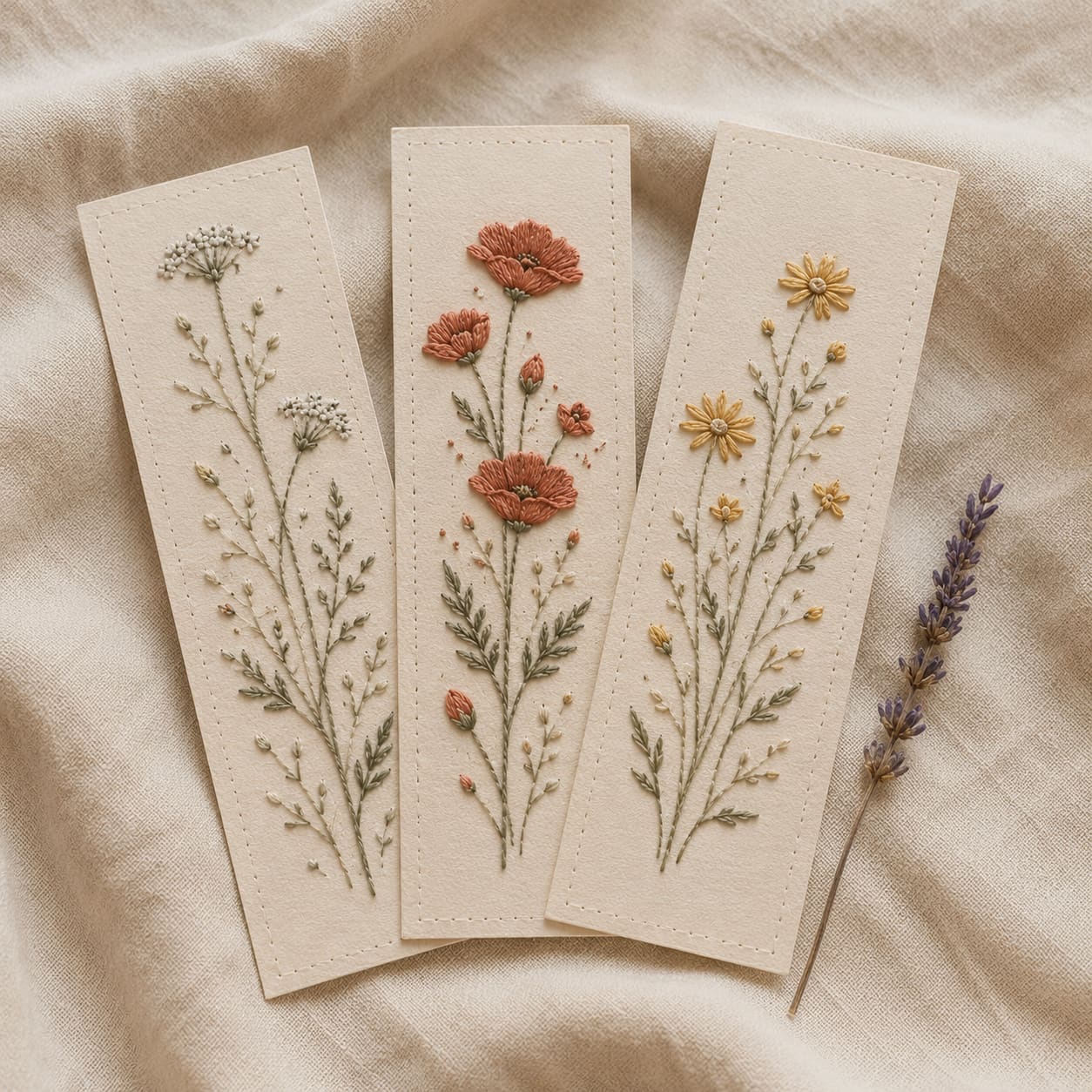 Three paper-embroidered bookmarks with floral patterns