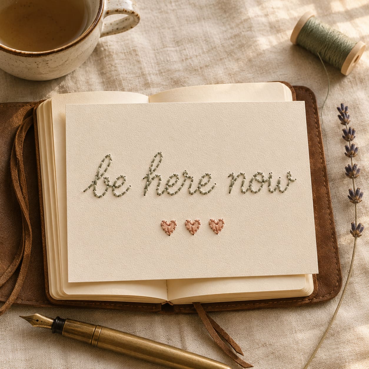 Be here now paper embroidery on journal