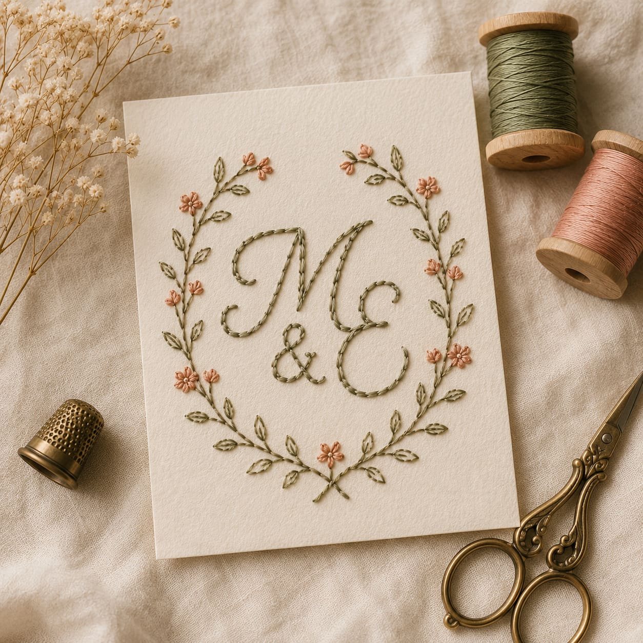 M & E monogram paper embroidery card