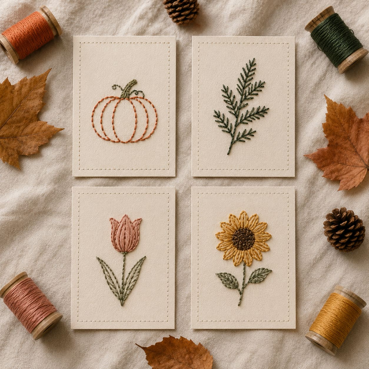 Four seasonal paper embroidery cards