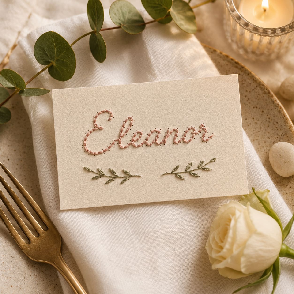 Wedding place card with embroidered name