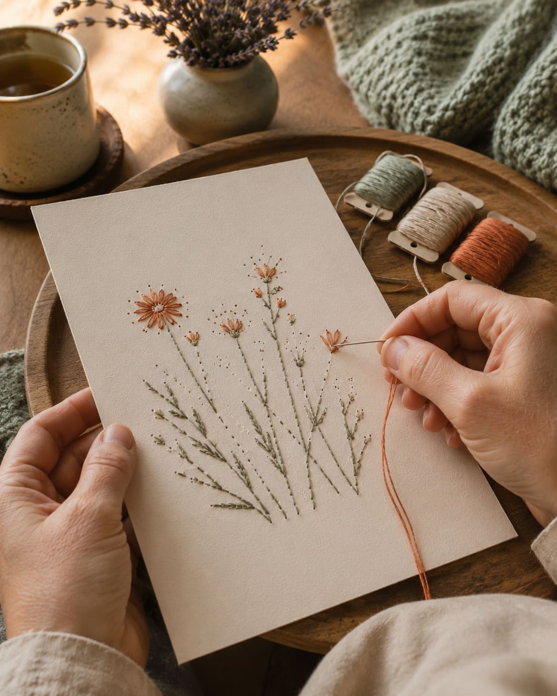 Hands working on paper embroidery with sage and terracotta thread, calm afternoon
