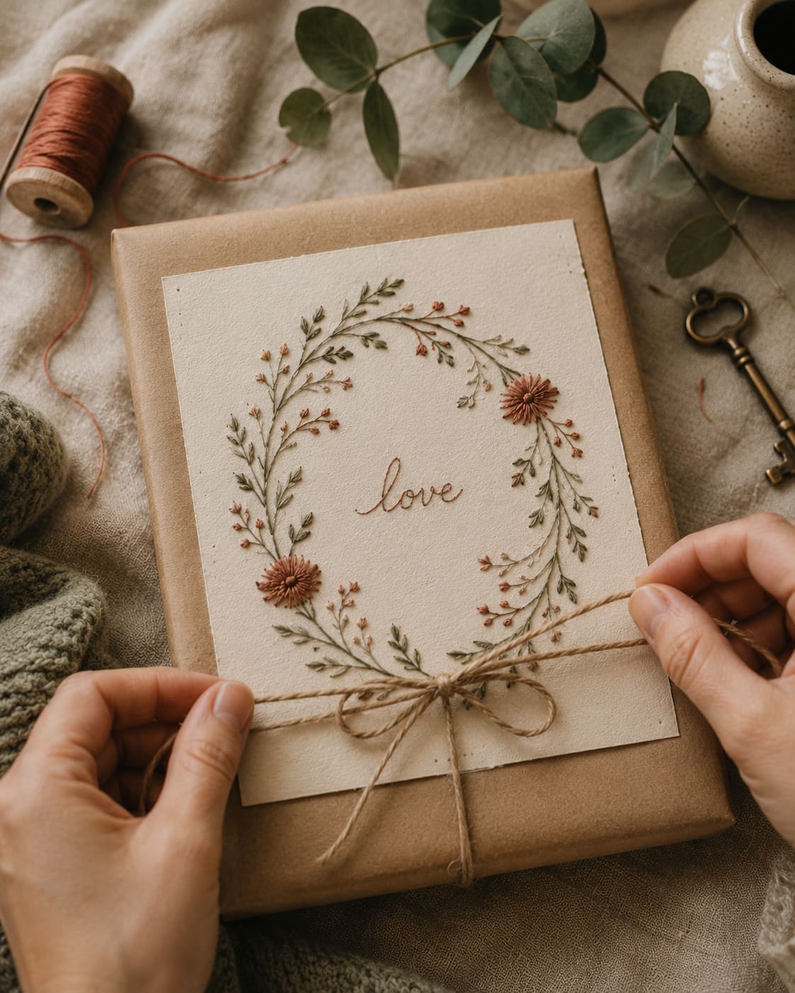 Paper-embroidered love card being wrapped as a gift with twine